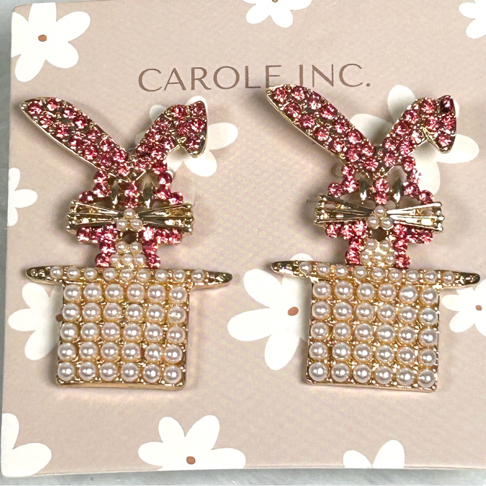 Carole Inc Bunny In Top Hat Earrings Pink Crystals White Seed Pearls Post NEW